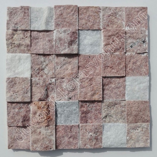 Kırmızı Traverten -Beyaz Patlatma Tas 5x5 cm / Doğal Taş Modelinde Denge ve Uyum / M2 Fiyatı:00