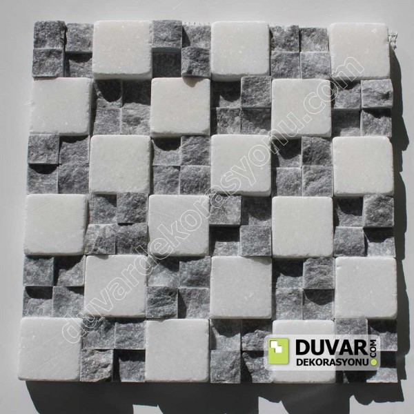 Beyaz Doğal Taş Eskitme 5x5-Siyah 2.5x2.5 Patlatma Taş Miks Duvar Mozaik /M2 Fiyatı:440 TL