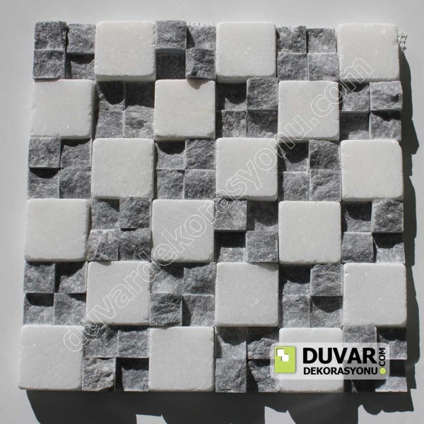 Beyaz Doğal Taş Eskitme 5x5-Siyah 2.5x2.5 Patlatma Taş Miks Duvar Mozaik /M2 Fiyatı:640 TL